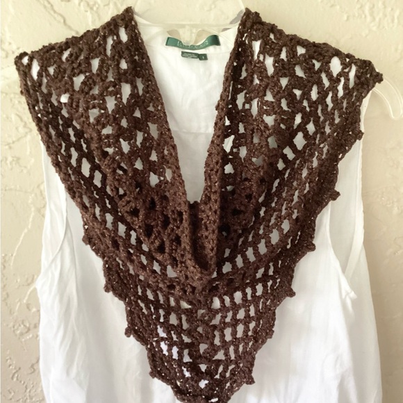Scarf Triangle Cowl Shawl Hand Crafted Brown Gold Glitter Crochet Overlay - Picture 5 of 16